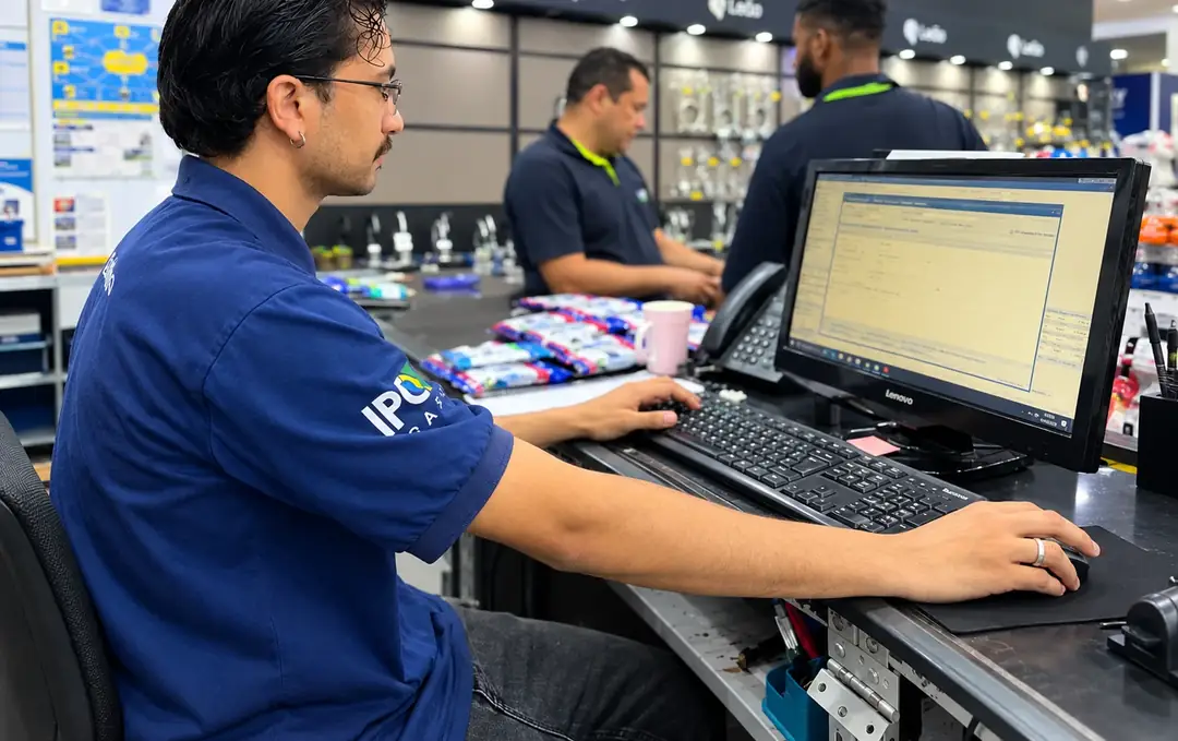 Vendedor da Carflax montando um orçamento no computador do balcão