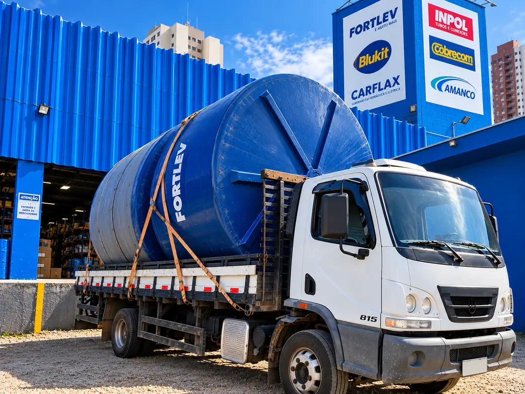 Caminhão da Carflax carregado com caixa d'água de grande porte saindo do depósito