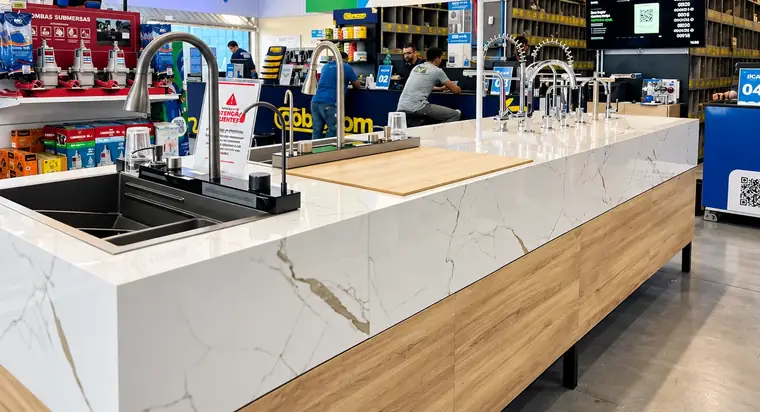 Bancada de exposição com torneiras e cubas na loja Carflax